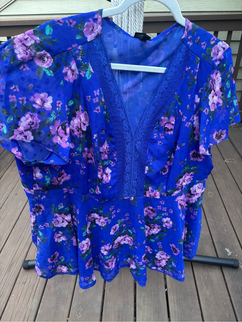 torrid Royal Blue Floral V‑Neck Blouse with Lace Trim